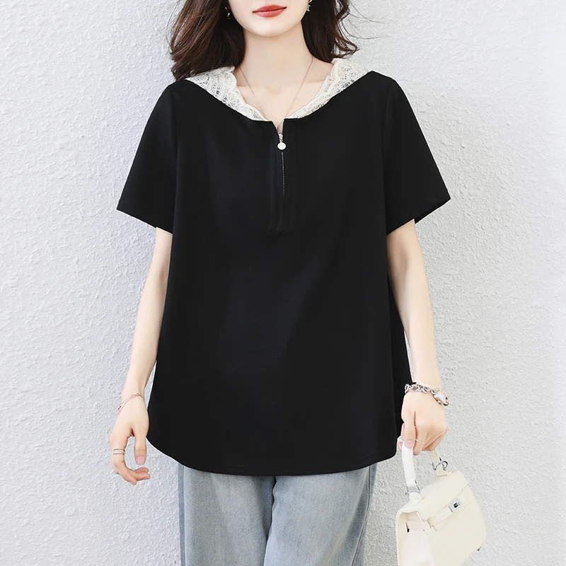 夏季新款大码女装设计感时尚减龄休闲洋气连帽上衣百搭小衫T恤