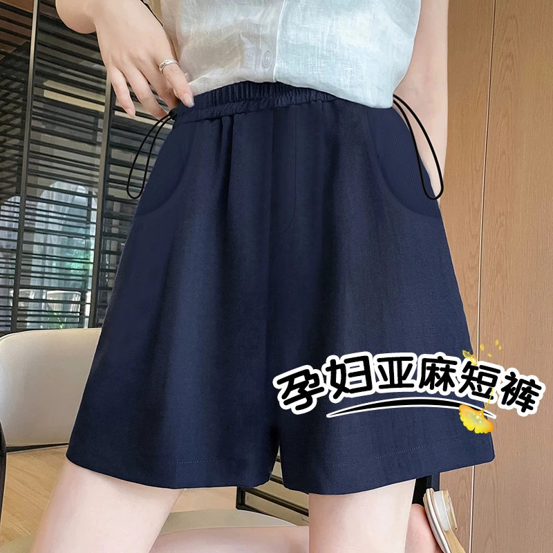 孕妇夏季外穿薄款亚麻短裤2025新款抽绳休闲百搭宽松无托腹短裤