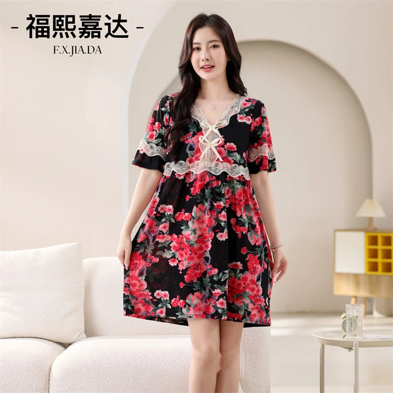 2025薄款V领蕾丝花边短袖睡裙女时尚大码洋气宽松舒适家居服