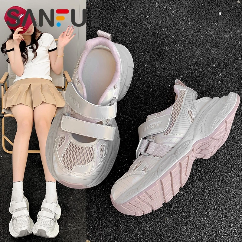 三福包头运动魔术贴厚底凉鞋女2025夏季新款老爹鞋镂空透气洞洞鞋