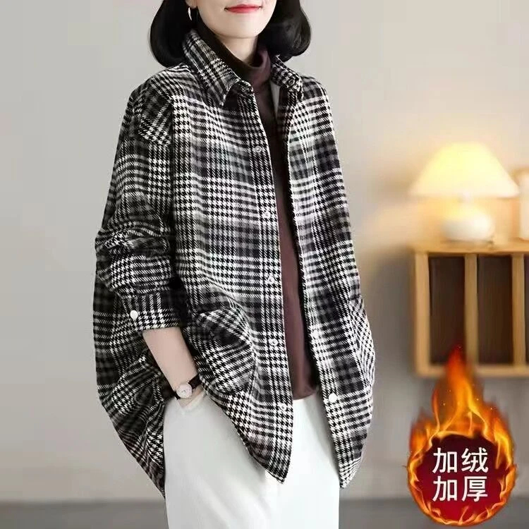 文艺大码格子衬衫短外套女2025秋季新款拼色百搭加绒加厚女式上衣