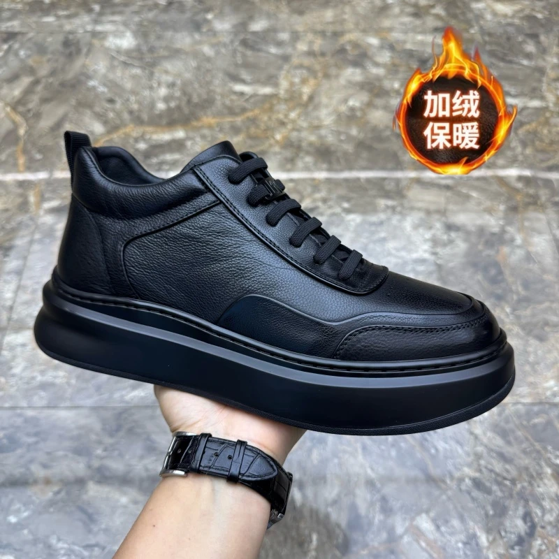 真皮男鞋2025新款头层牛皮高帮男士休闲鞋加绒保暖厚底时尚皮鞋