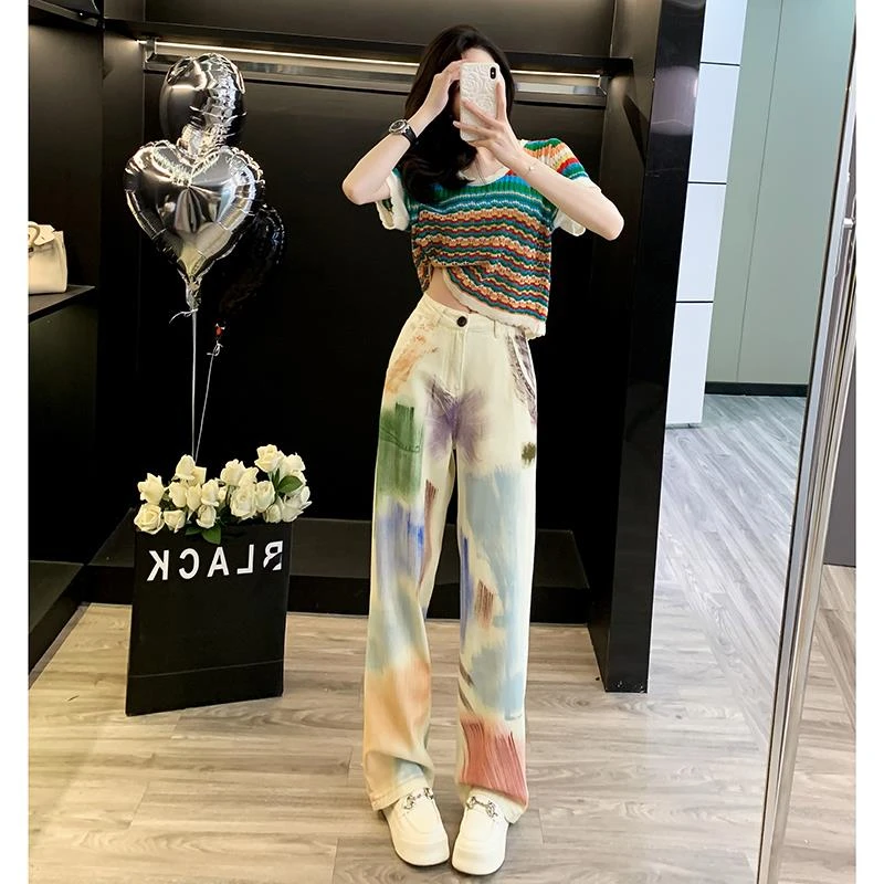 多巴胺休闲运动套装女夏季炸街减龄时尚短袖涂鸦牛仔阔腿裤两件套