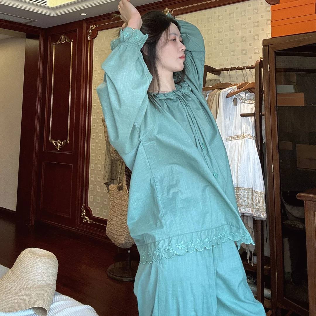 春夏纯棉长袖睡衣女甜美蕾丝绣花花边法式公主风家居服套装穿搭