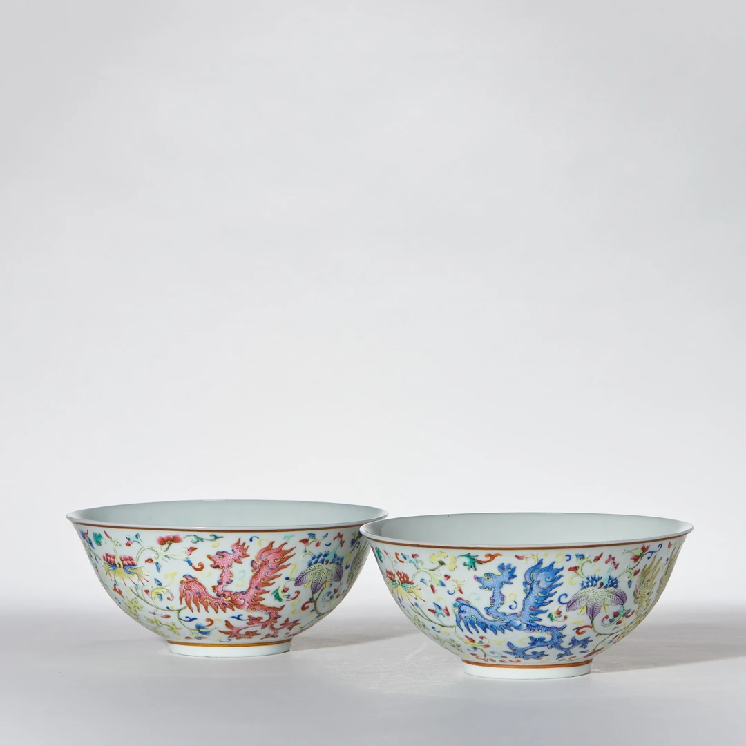 1154清晚期·粉彩夔凤纹大碗一对【古董拍卖】