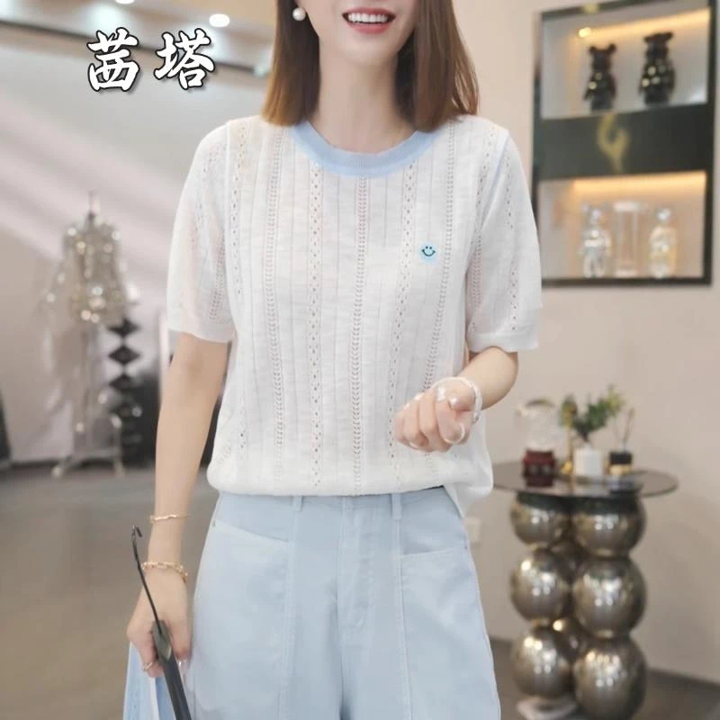 大码白色提花镂空短袖针织衫女夏季胖MM冰丝薄款t恤韩系显瘦上衣