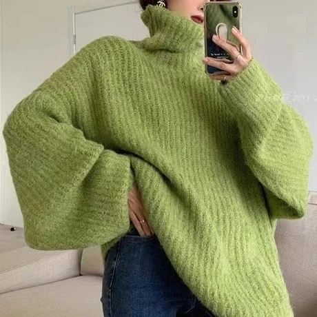 大板加厚高级感慵懒风高领毛衣女2023年秋冬新款宽松中长款针织衫