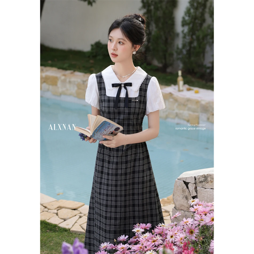 鹿向南「苏格兰小调」黑白格子连衣裙季学院风撞色长裙L53716