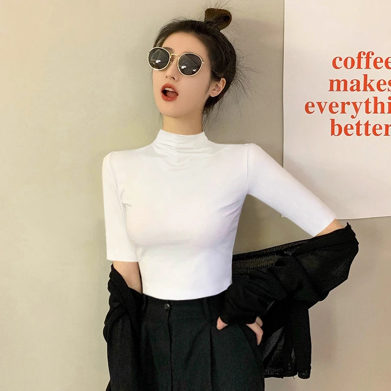 深灰半高领中袖打底衫t恤女内搭春秋季 2025新款五七分袖短袖上衣