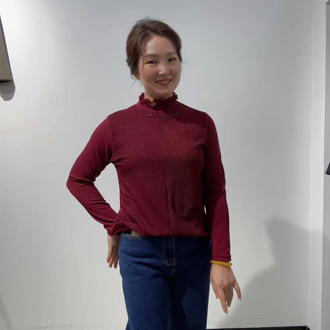 彥竹韩国正品时尚纯色木耳领弹力上衣内搭打底衫女款秋冬