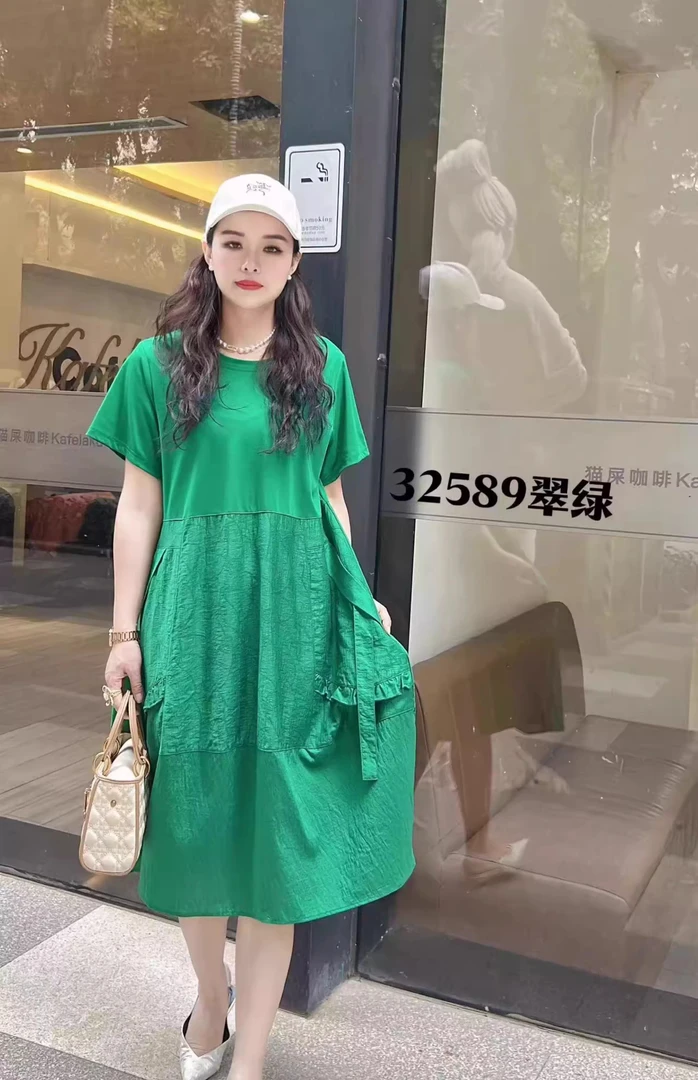 大码连衣裙2025新款拼接显瘦遮肉短袖裙子32589