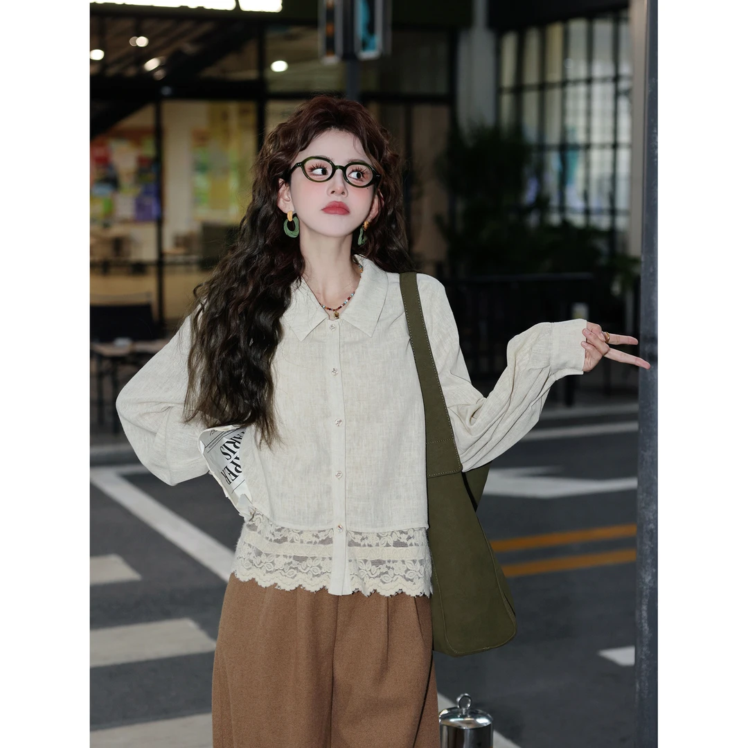 陈大器【白日舒曼】港风复古拼接蕾丝长袖百搭宽松衬衫JS1116334