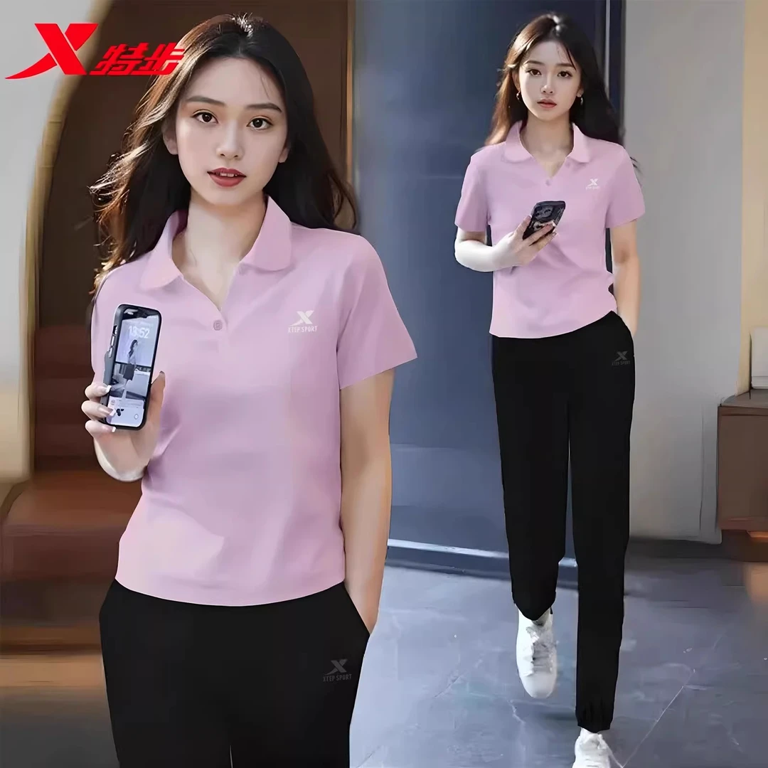 特步冰丝运动套装女士夏季官方旗舰正品速干polo衫短袖长裤休闲服