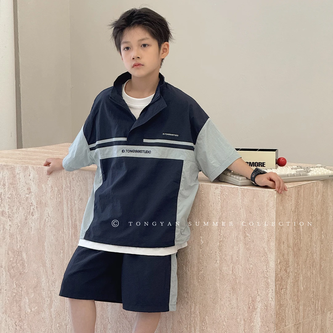 男童套装夏新款中大童港风短袖时尚男孩五分裤儿童两件套TY03017