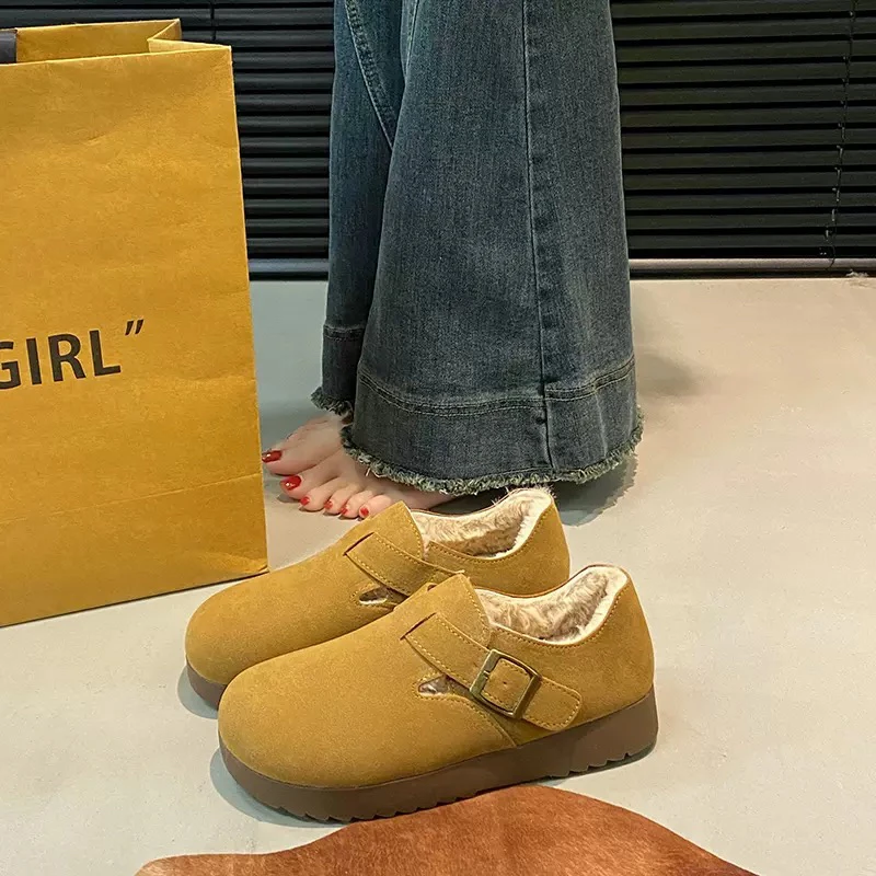 厚底全包勃肯鞋女冬季D052年新款一脚蹬乐福鞋加绒保暖棉鞋豆豆鞋