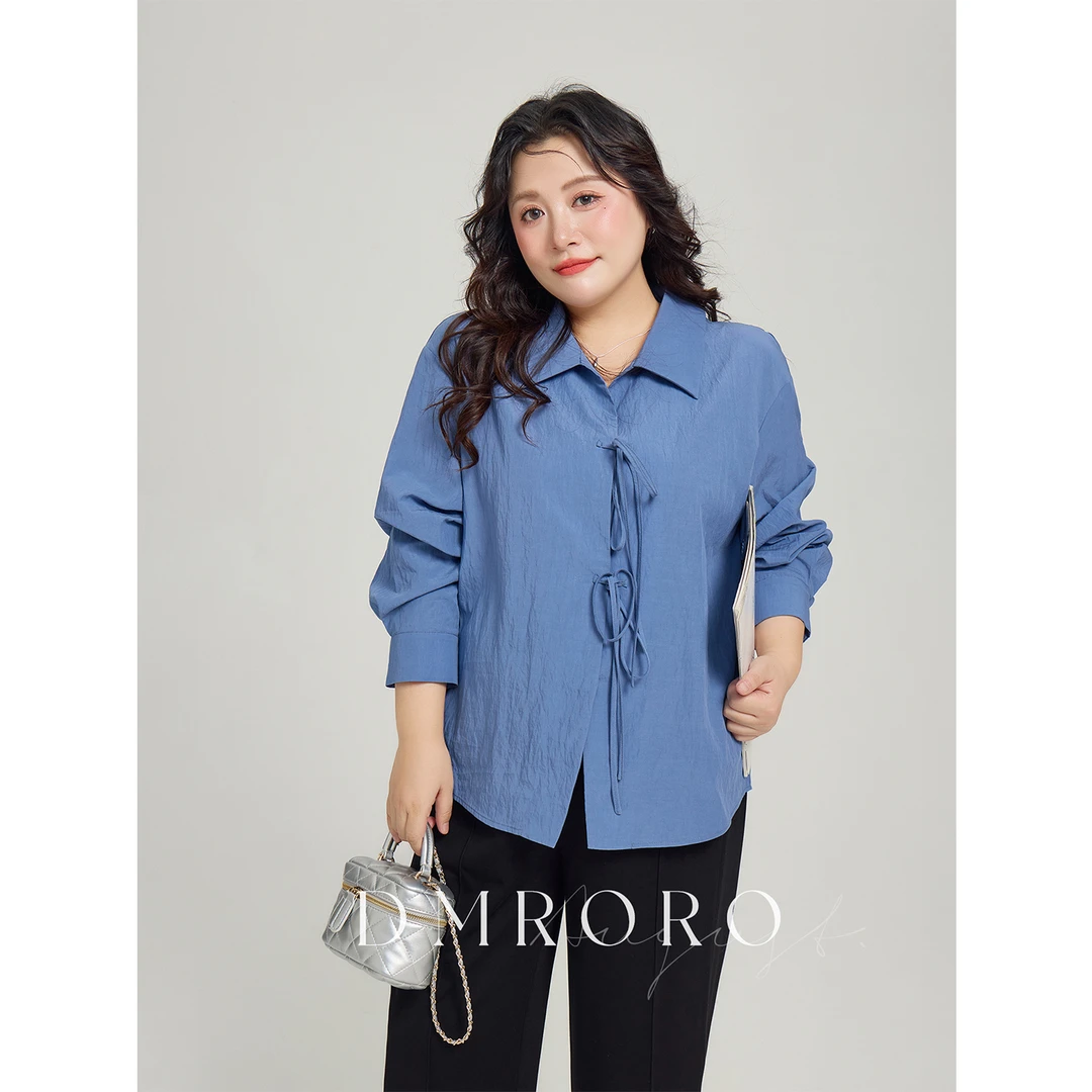肉肉小姐定制大码女装早秋新品克莱因蓝翻领衬衫气质简约纯色上衣
