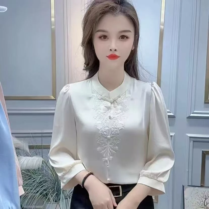 老板娘高档缎面刺绣衬衫新款气质小衫百搭衬衣洋气遮肚子上衣2560