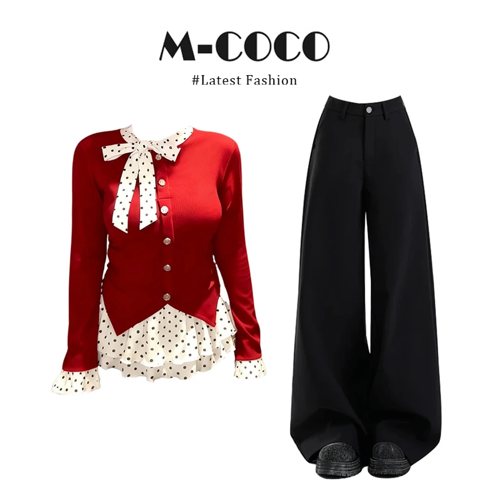 圣诞氛围感穿搭甜美风红色波点假两件长袖上衣女宽松显瘦休闲裤