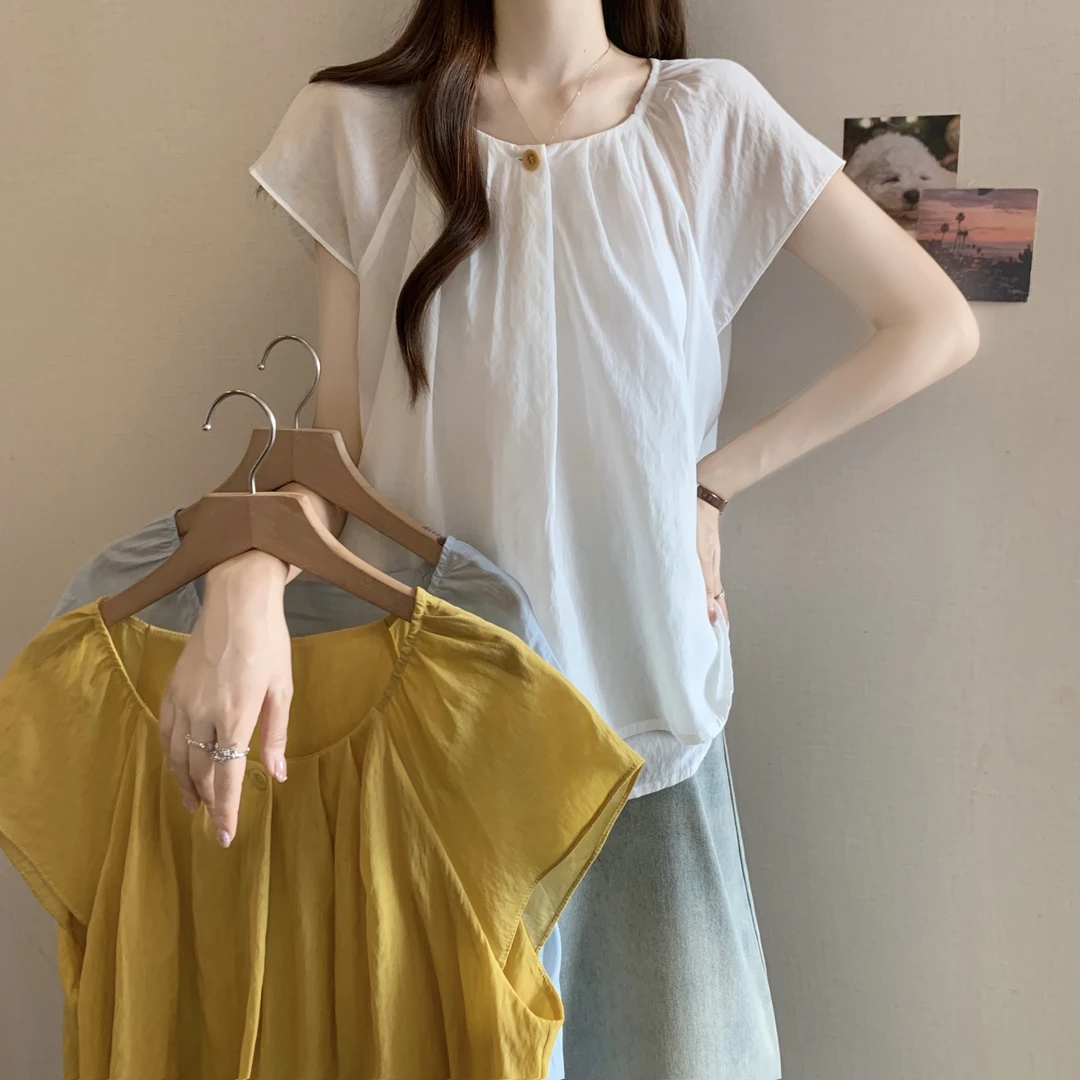 【七七】大码法式方领衬衫女装夏季减龄漂亮衬衣胖MM遮肉显瘦上衣