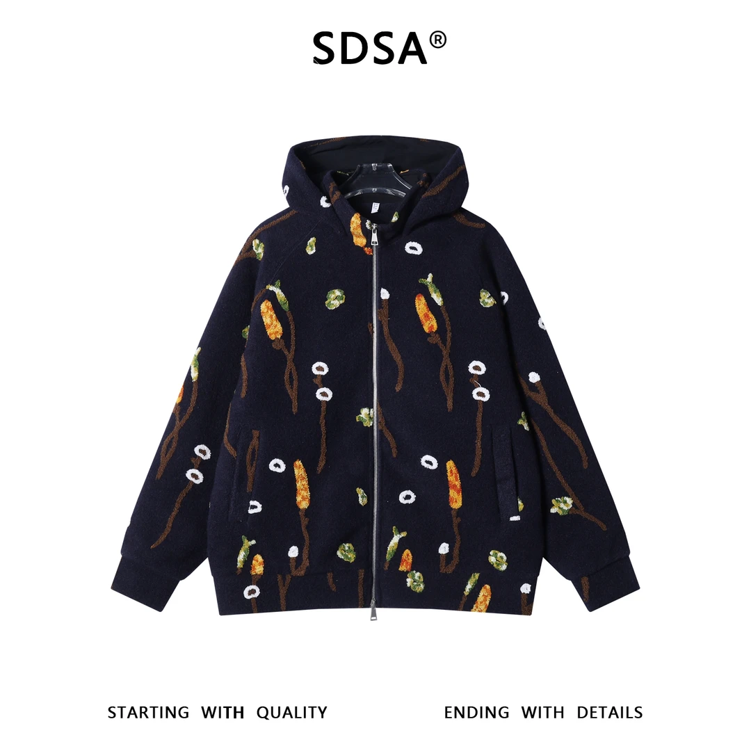 SDSA秋冬新款痞帅男装潮牌撞色趣味针织拉链立领连帽卫衣外套百搭