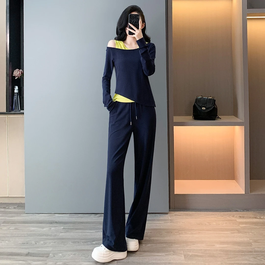 韩系设计感气质时尚套装女秋款撞色真两件斜肩上衣阔腿长裤三件套