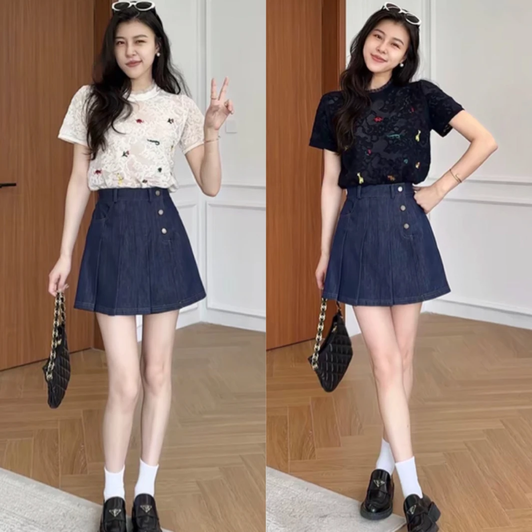巨好看的夏日减龄套装女2025爆款刺绣蕾丝短袖T恤牛仔裙裤两件套