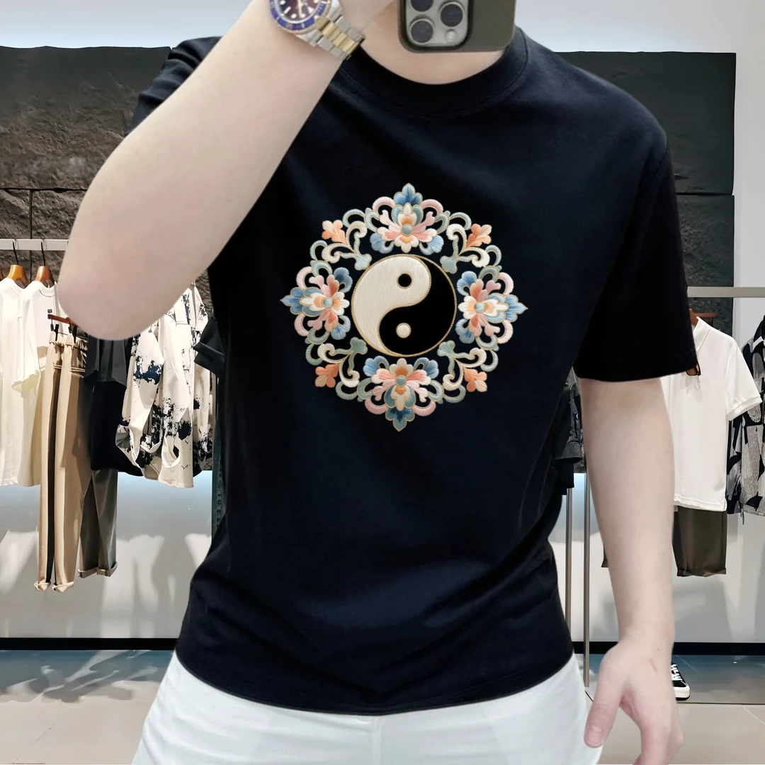 100%纯棉国潮男士短袖T恤重磅圆领夏季休闲半袖百搭修身打底衫t恤