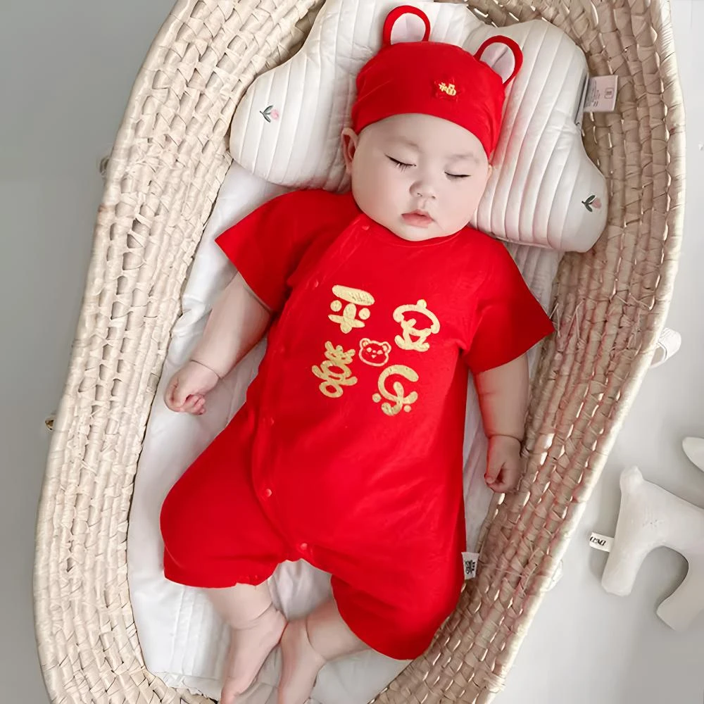 满月新生儿衣服夏季薄款男百天春秋纯棉红色宝宝公主女短袖连体衣