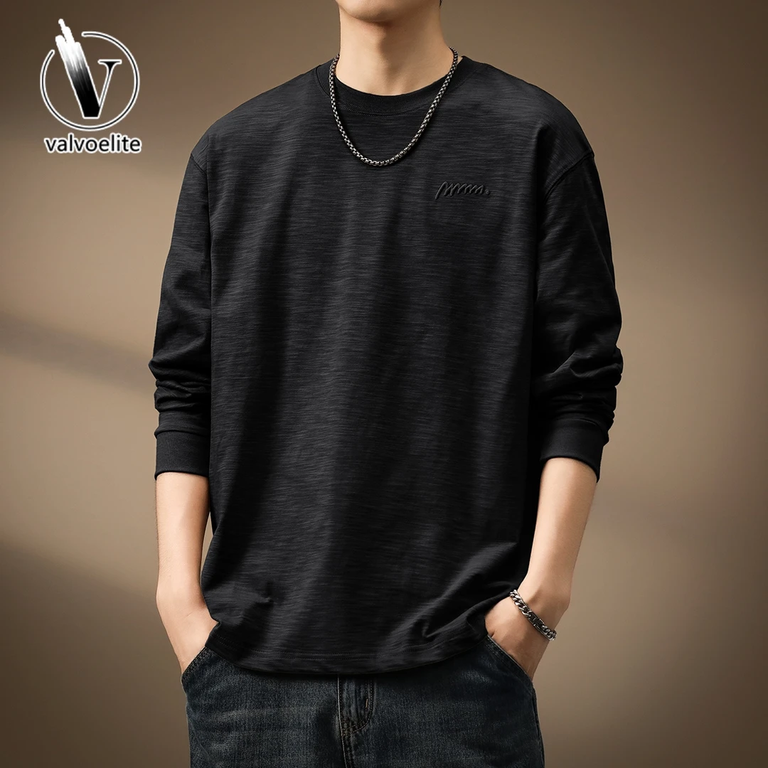VALVOELITE高端日系复古竹节棉长袖T恤男士春秋新款宽松大码体恤
