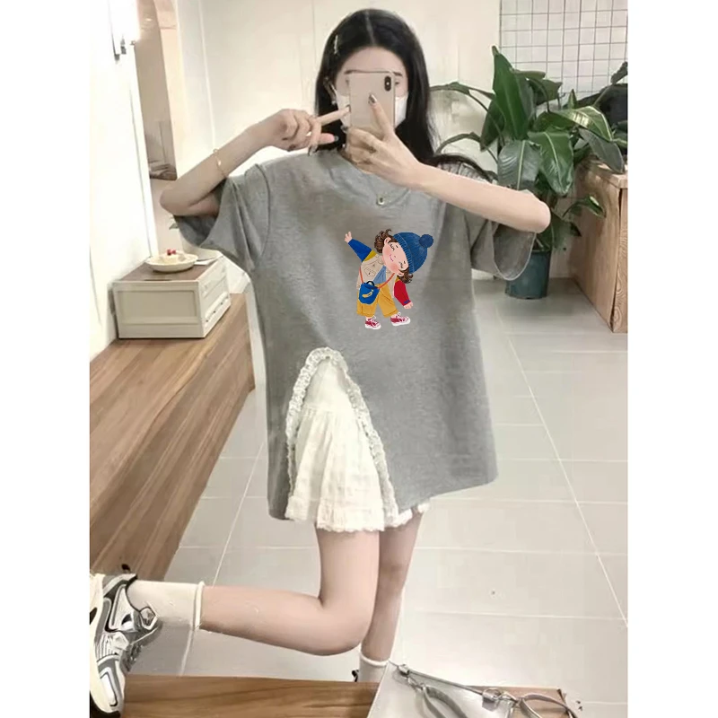 夏季灰色高级感小众短袖女2025美式chic纯棉T恤ins潮开叉别致上衣