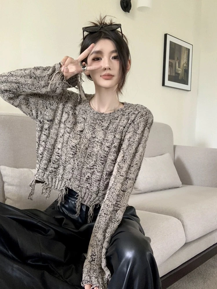 2025年女装春季新款毛衫毛边破洞短款打底针织衫圆领毛衣上衣