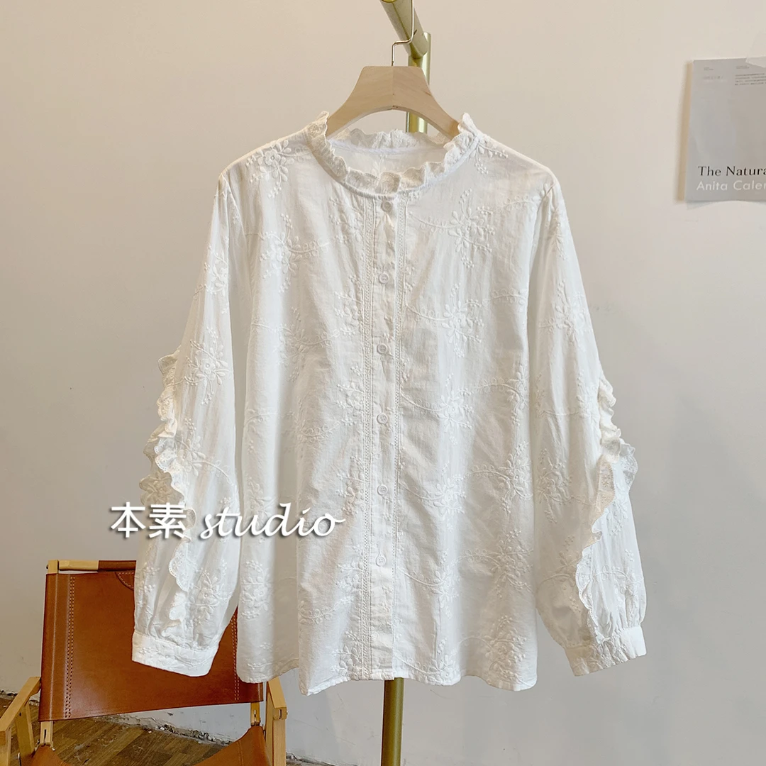 茉莉栀子C2320刺绣蕾丝边全开扣立领衬衫