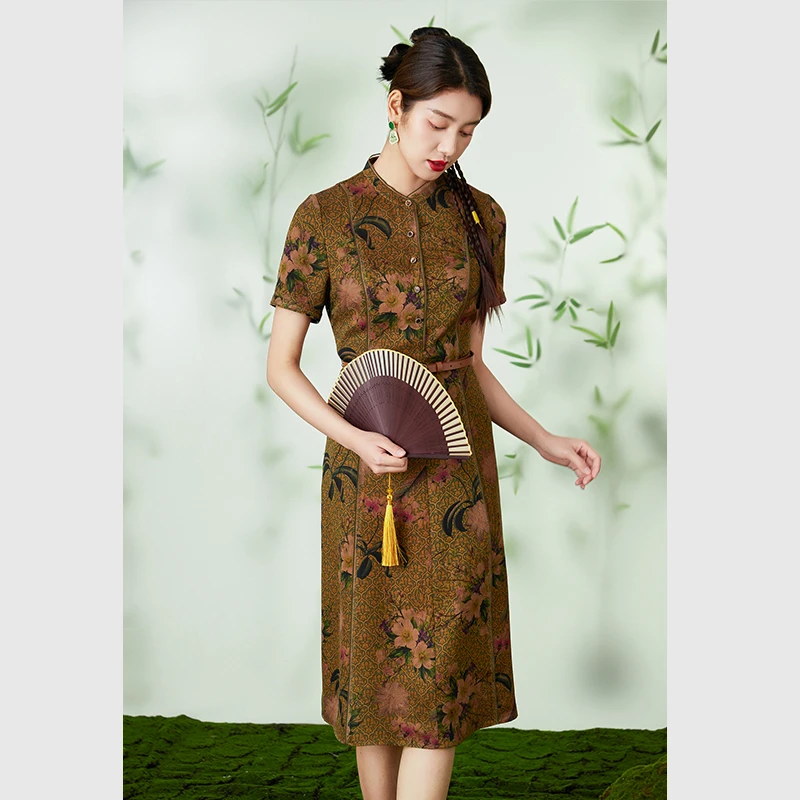 乔万尼19mm缎香云纱桑蚕丝旗袍连衣裙显瘦气质修身EM2E722305