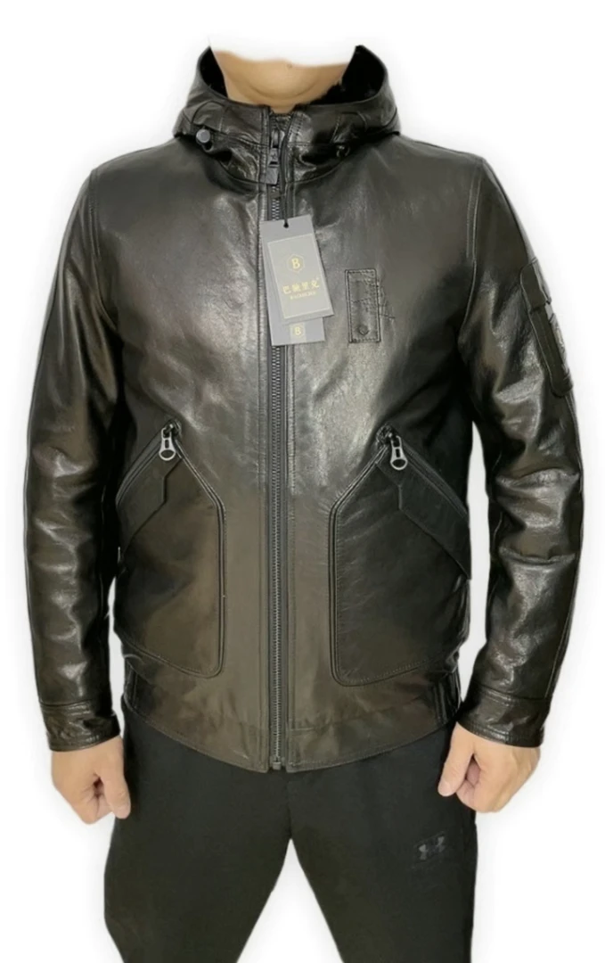 山羊皮油蜡貂内胆连帽男款冬季皮夹克高端时尚男人品质皮夹克