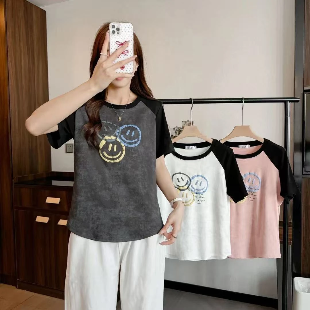 大码女装拼接印花笑脸短袖T恤显瘦宽松百搭上衣1102