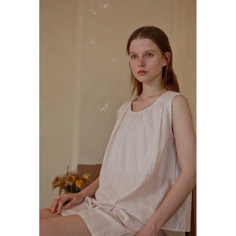 【陌维】夏款睡衣全棉纱布柔软舒适薄款条纹纯棉无袖居家服短裤套装