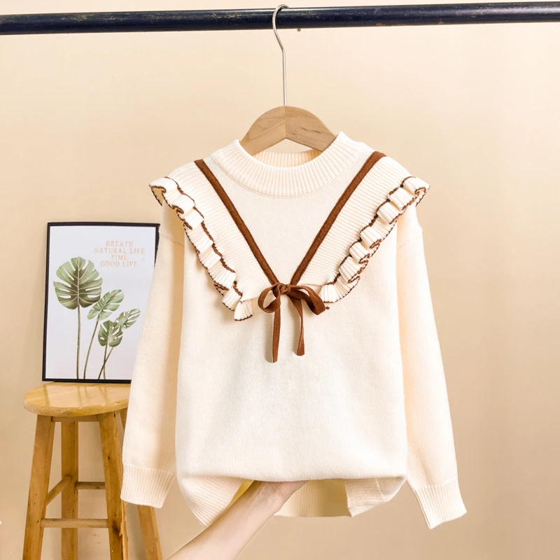 2025春装大童针织衫女孩小清新学院毛衣打底衫圆领蝴蝶结休闲上衣