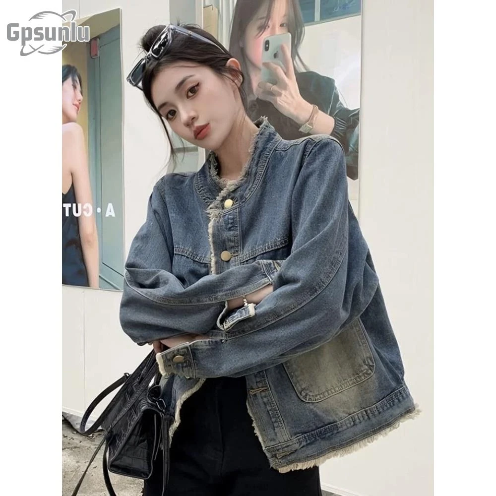 gpsunlu港风覆古牛仔外套女秋季新款韩系高级感宽松显瘦上衣夹克