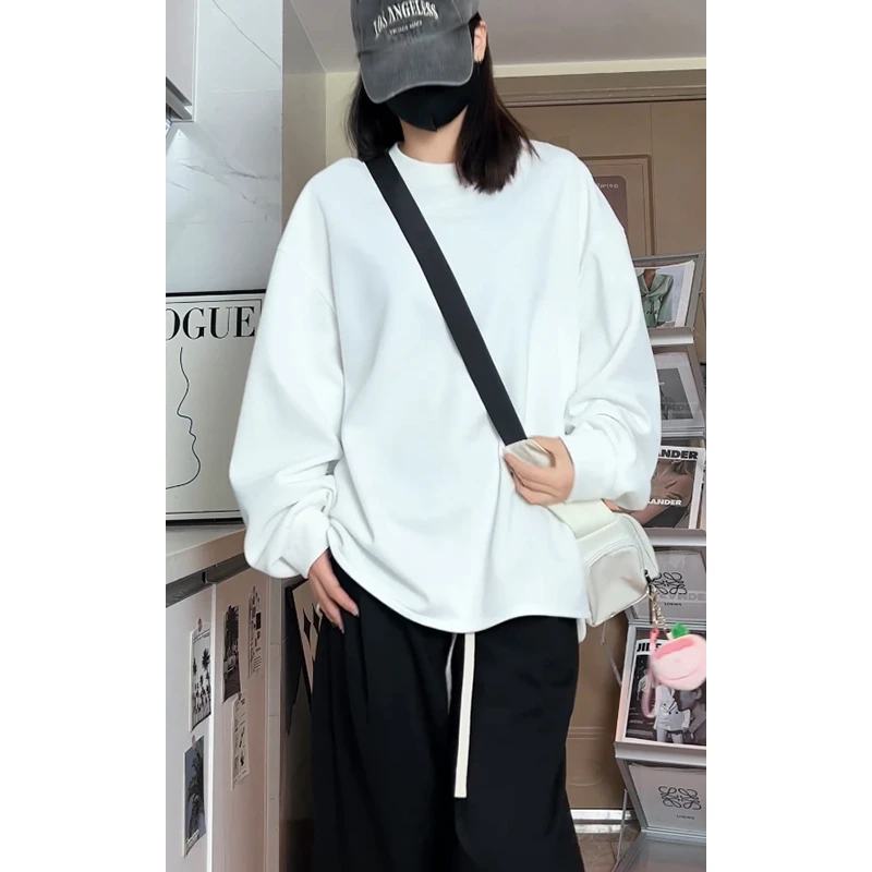 美式白色长袖男青少年春季宽松上衣圆领卫衣oversize内搭打底衫