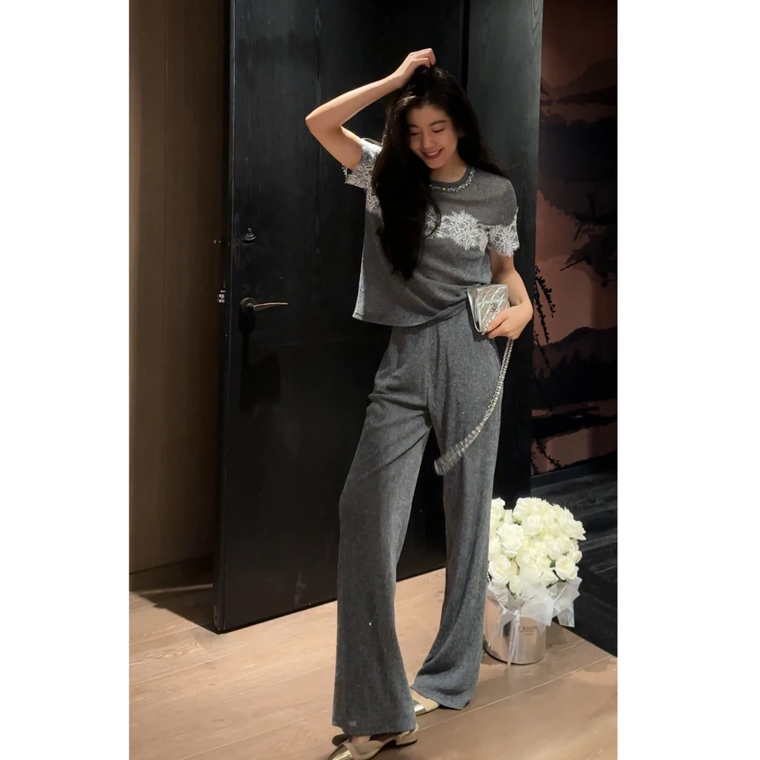 【N·COU】25夏新款【天空之镜】独特拼蕾丝烫钻套装DY80633