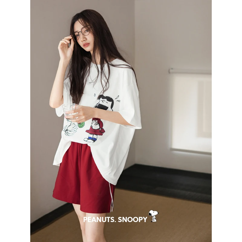 贝妍史努比睡衣女夏季薄款纯棉圆领短袖家居服多巴胺少女休闲套装