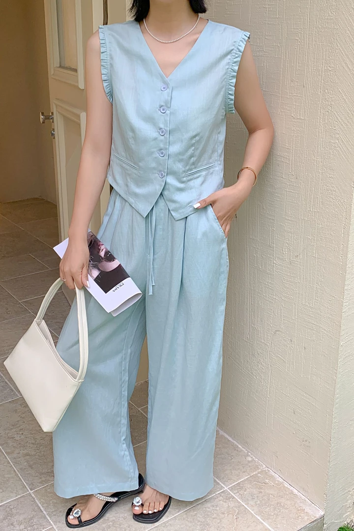 炸款～连锁订单款亚麻无袖V领套装852