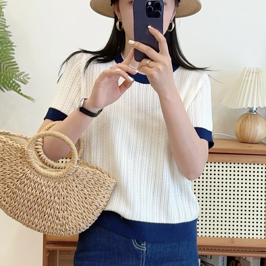 2025女款夏季圆领针织衫女短袖上衣撞色洋气早春漂亮衣服别致小衫