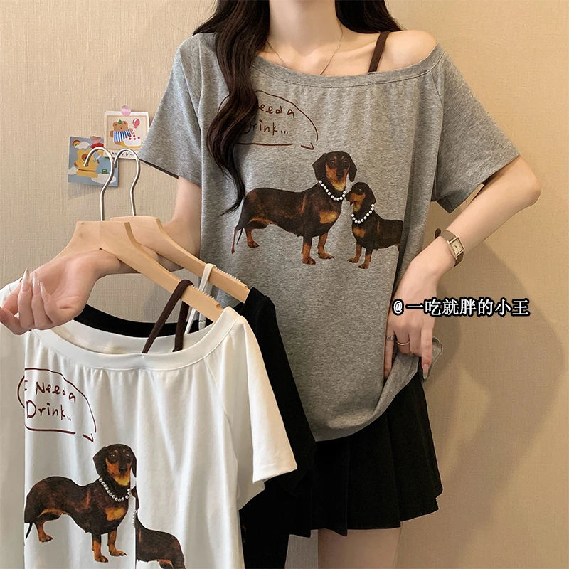 【小王家】2025年大码女装新款斜肩项链狗露肩短袖T恤3179