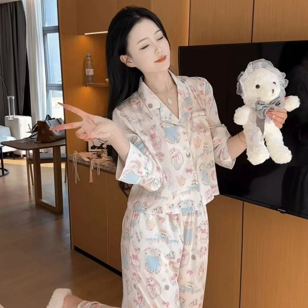 春夏款长袖舒适卡通印花薄款时尚甜美宽松家居服套装