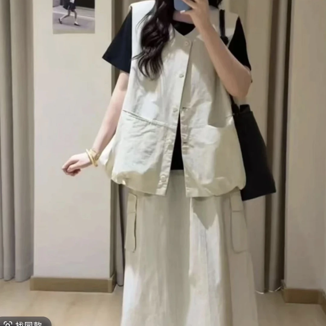 3055 韩系高级洋气坎肩口袋马甲宽松显半身裙套装女2025年夏新款