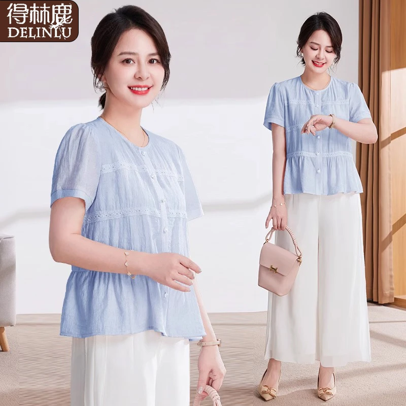 阔太太气质夏装衬衫2025新款中老年女士夏季洋气短袖上衣套装