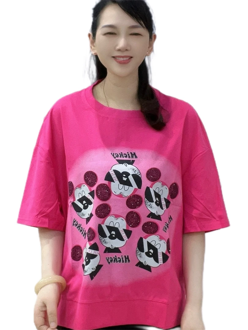 2025夏季新款51圆领时尚休闲潮流印花烫钻开叉短袖T恤宽松设计师