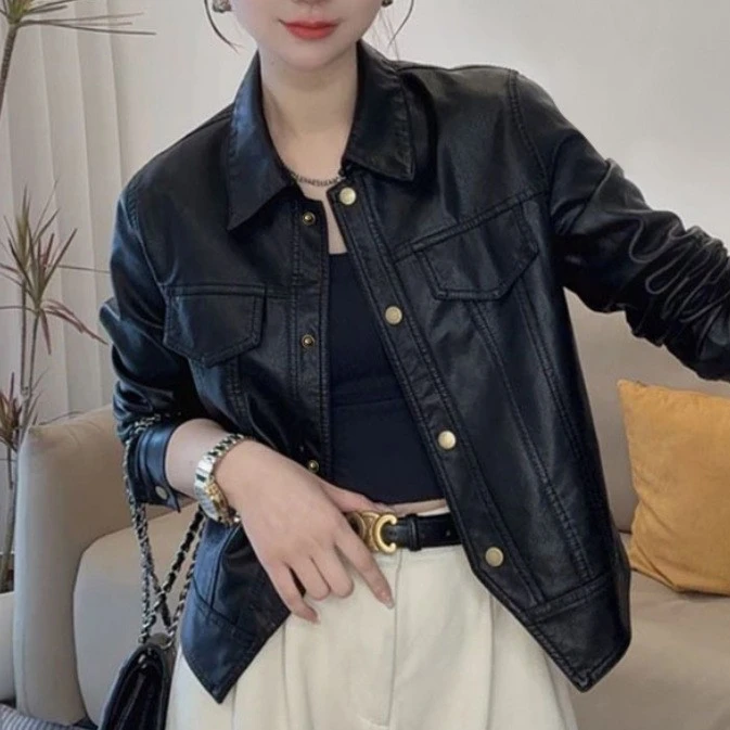 24小时发货秋季薄款洋气时尚短款翻领PU皮衣女外套夹克纽扣上衣服