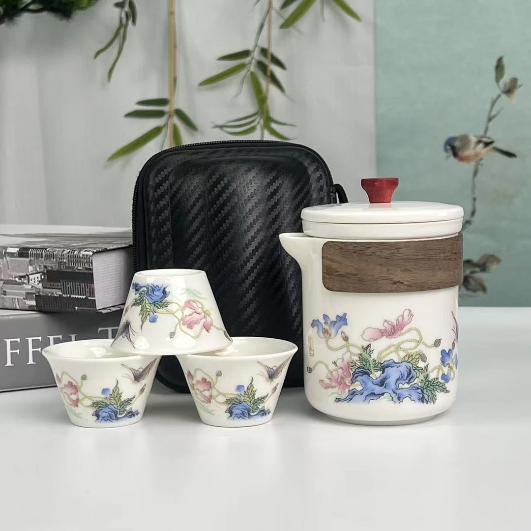 白瓷【虞美人】陶瓷旅行套装一壶3杯+黑包